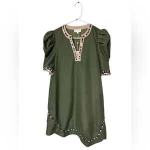 Entro Olive Puff Sleeve dress with Leopard Print Trim